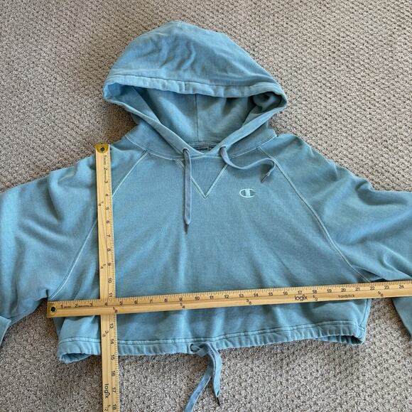 Champion Cropped Hoodie Women M Vintage Blue Reverse Weave Pullover Cinch Waist - Picture 10 of 11